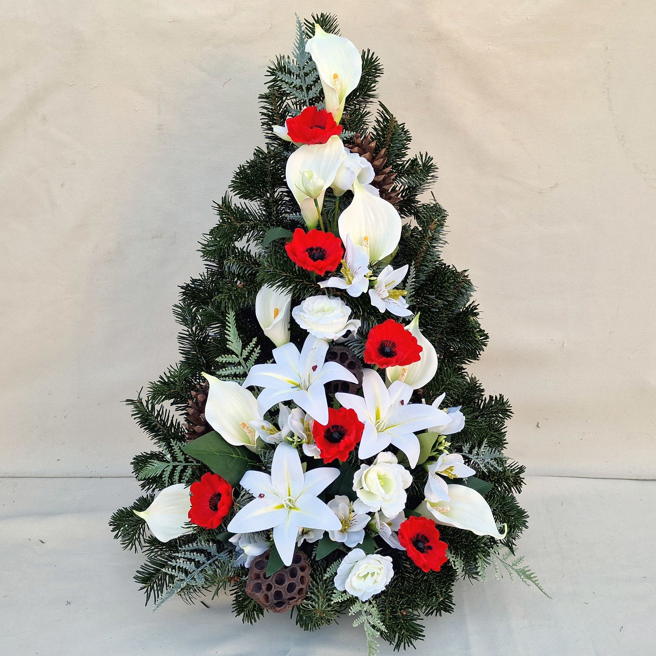 Koszorú - SELYEMVIRÁGOS piros fehér katedrális sírdísz