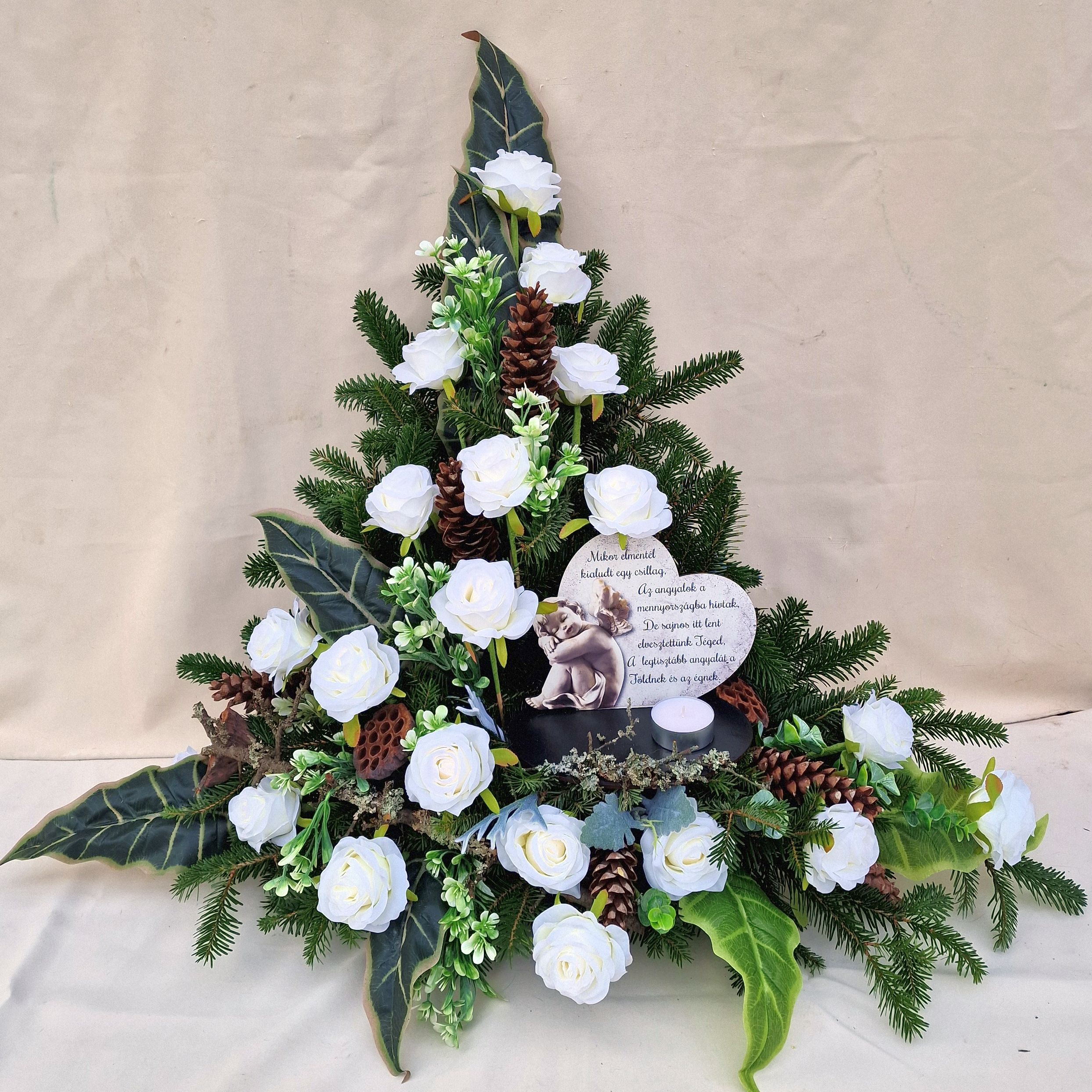 Koszorú - SELYEMVIRÁGOS fehér rózsás nagy kegyeleti sírdísz