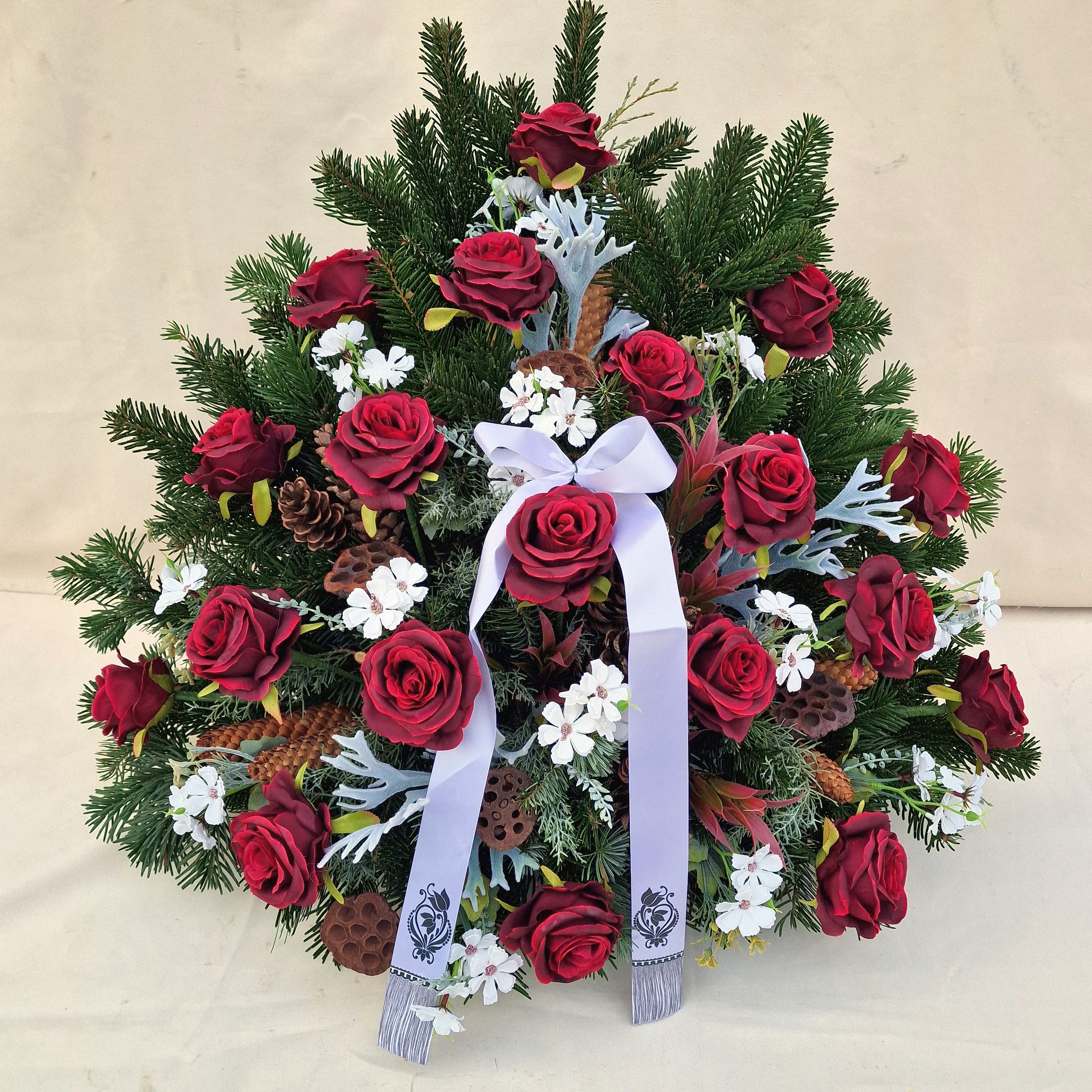 Koszorú - SELYEMVIRÁGOS Vörös rózsás álló koszorú sírtál